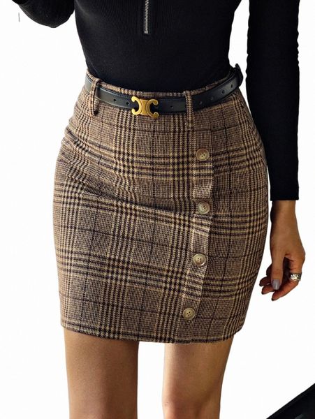 

skirts plaid fake button wool-mix fabric skirt without belt r1c1#, Black