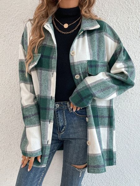 

women's down & parkas plaid print drop shoulder flap detail coat a5bv#, Black