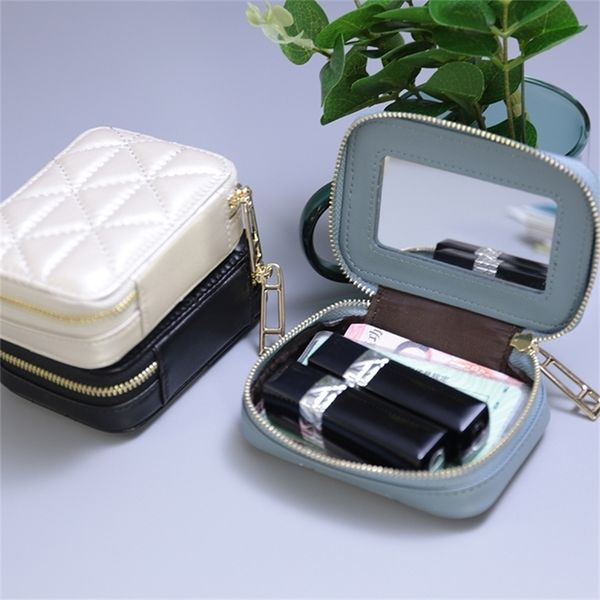 

cosmetic bags cases fashon lipstick box square travel genuine leather makeup organizer case with mirror lip sticks leather holder cosmetic b
