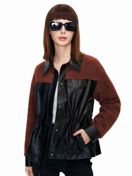 

women's jackets ziai contrast shearling button front jacket i8f6#, Black;brown