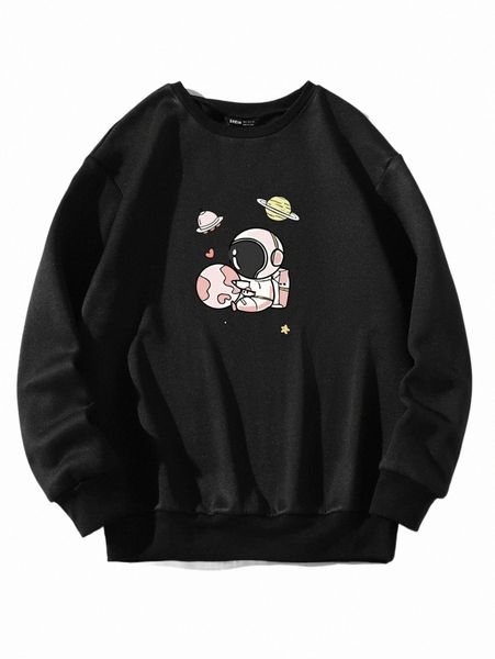 

women's hoodies & sweatshirts astronaut print thermal lined sweatshirt p2zm#, Black