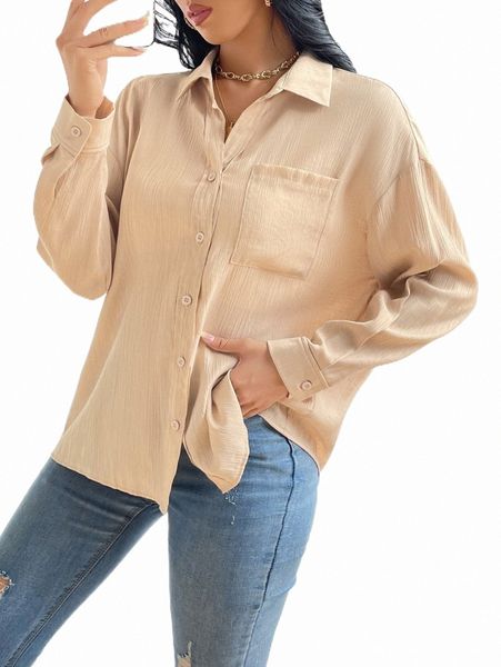 

women's blouses & shirts drop shoulder pocket patched shirt m8zt#, White