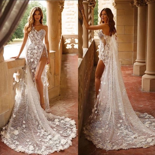 

illusion wedding dress one shoulder high split appliqued beach wedding gowns backless vestido de noiva custom made, White