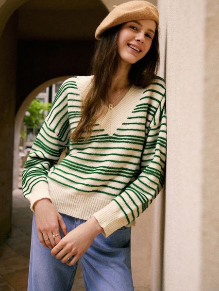 

women's sweaters frenchy v-neck stripe drop shoulder sweater x0ui#, White;black