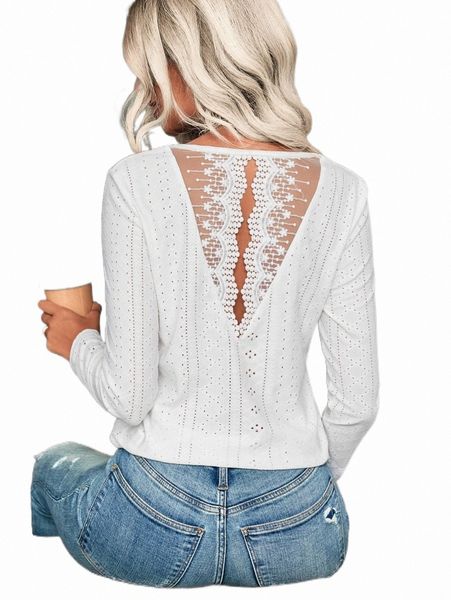 

women's t-shirt embroidery mesh scallop trim tee 76n8#, White