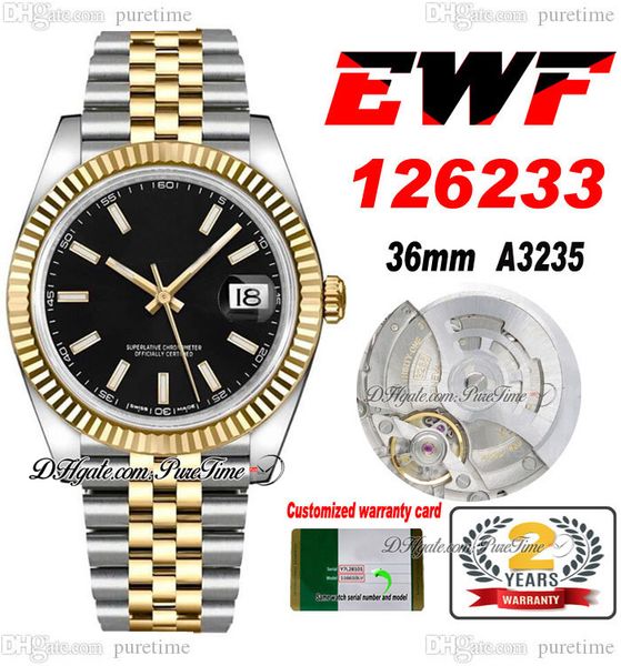 

ewf just 126233 a3235 automatic watch mens ladies 36mm two tone yellow gold black stick dial jubileesteel bracelet super edition same series, Slivery;brown