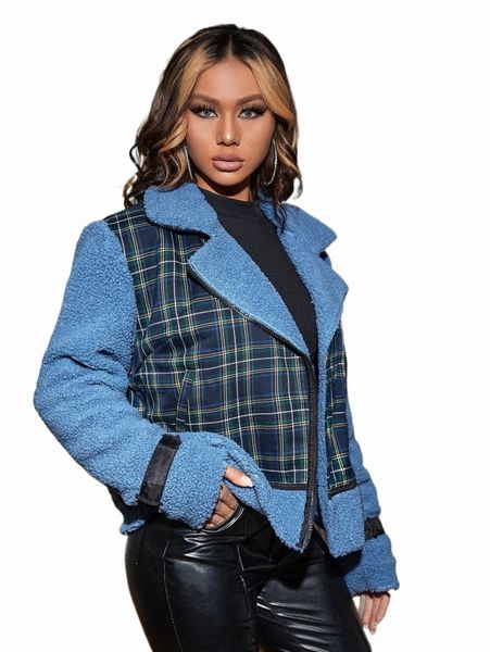 

women's jackets contrast tartan buckle teddy moto jacket z68k#, Black;brown