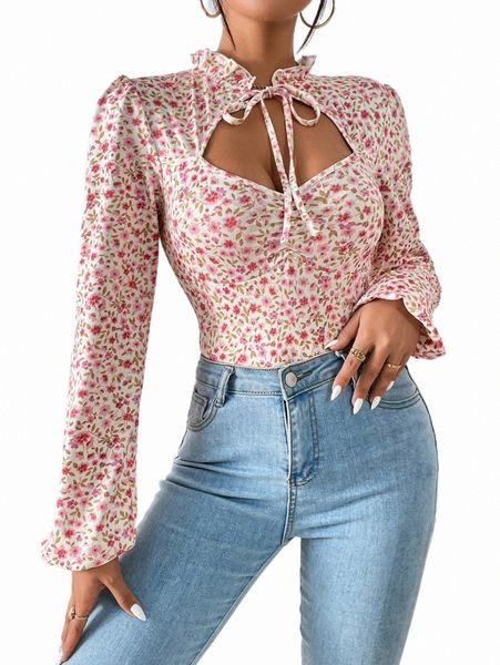 

women's t-shirt ditsy floral lantern sleeve ruched tie neck bodysuit d1zc#, White