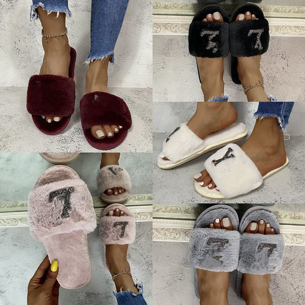 

women paseo slippers designer faux fur furry flat rhinestone buckle mule plush 2022 luxury fashion ladies fluffy warm wool home sandals indo, Black