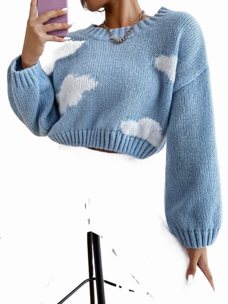 

women's sweaters cloud pattern rib-knit crop sweater w7vb#, White;black