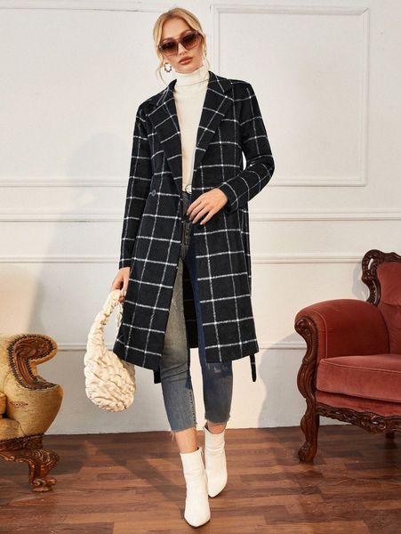 

women's down & parkas lapel collar plaid pattern belted overcoat 79c2#, Black