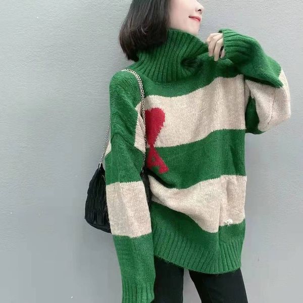 

women s sweaters high neck striped love pullover sweater women autumn and winter design retro japanese loose outer wear knitted 220908, White;black
