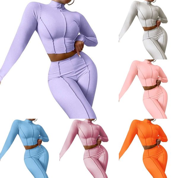 

2022 fall women pit thread tracksuits 2 piece pants outfit high collar crop high waist jogger suit, Gray