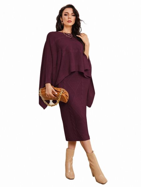 

women's sweaters solid poncho & high waist cable knit skirt 62va#, White;black