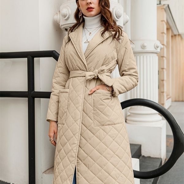 

womens jackets long straight winter coat with rhombus pattern casual sashe parkas deep pockets tailored collar stylish outerwear 220909, Black;brown