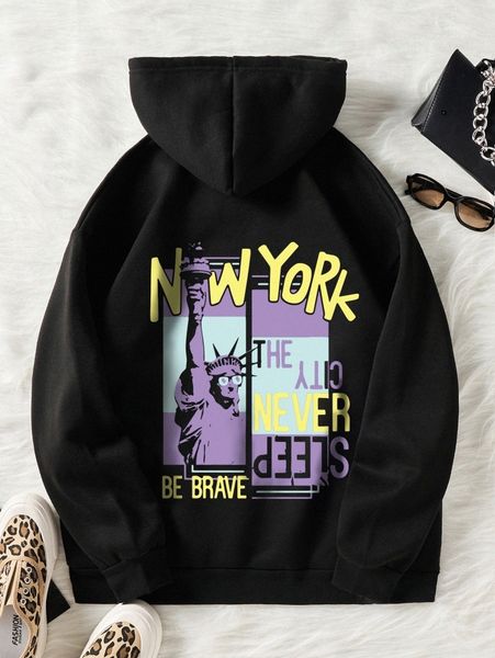

women's hoodies & sweatshirts statue of liberty and slogan graphic thermal lined drawstring hoodie i7pt#, Black