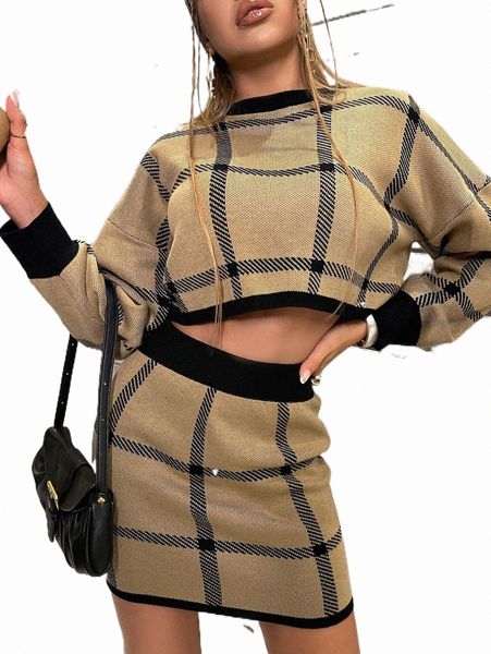 

women's sweaters glamaker plaid crop sweater & knit skirt set n5zg#, White;black
