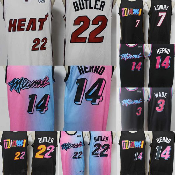 

basketball jerseys miami''heat''men throwback jerseys dwyane 3 wade tyler 14 herro jimmy 22 butler kyle 7 lowry basketba, Black;red