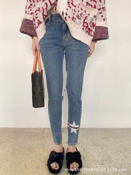 

women's jeans designer nanyou quality d's new five pointed star printed european goods high waist thin jeans female summer, Blue