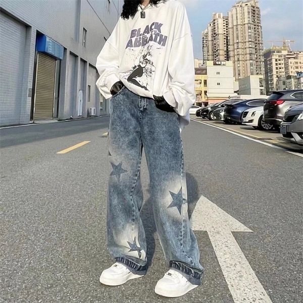

women s jeans oversized washed star pattern baggy jeans high street loose straight y2k summer casual hip hop women 220907, Blue