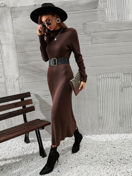 

women's sweaters ribbed knit sweater dress without belt a25h#, White;black