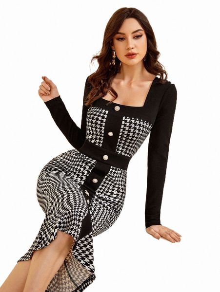 

casual dresses houndstooth print button front bodycon dress u5gt#, Black;gray