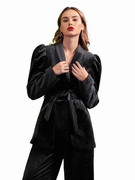 

women's two piece pants x daniela castro puff sleeve shawl collar belted velvet blazer b4xp#, White