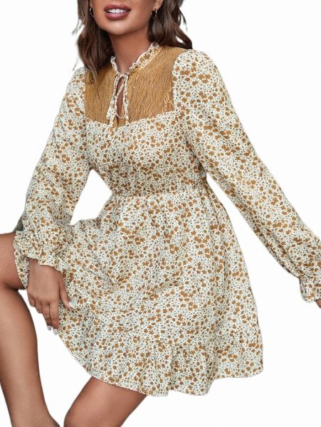 

casual dresses ditsy floral print tie neck contrast lace ruffle hem dress y0t6#, Black;gray