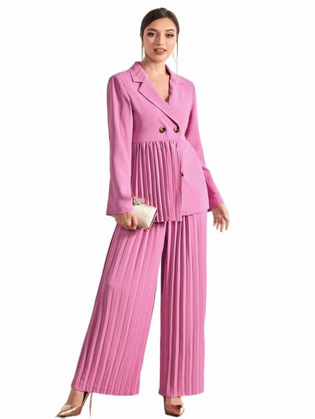 

two piece dress double button pleated blazer & wide leg pants 38oo#, White