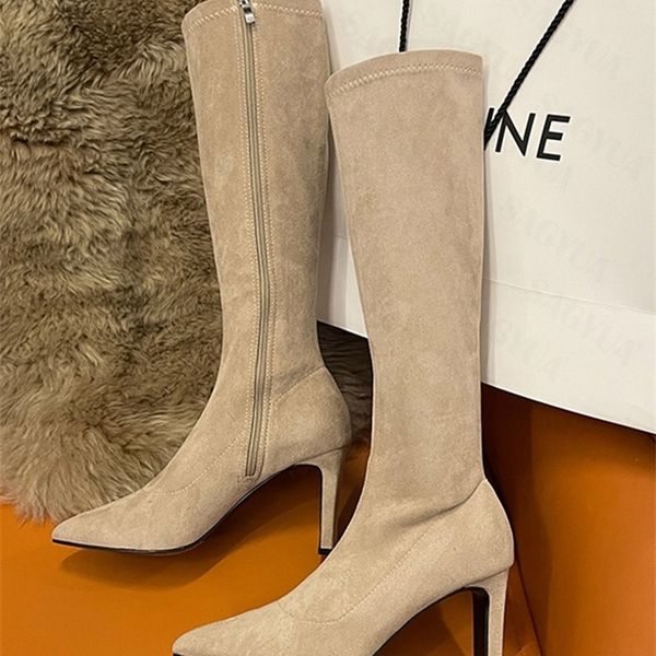 

boots women high heels suede chelsea knee high boots winter fashion thick pumps casual ladies shoes zipper snow high botas 220908, Black