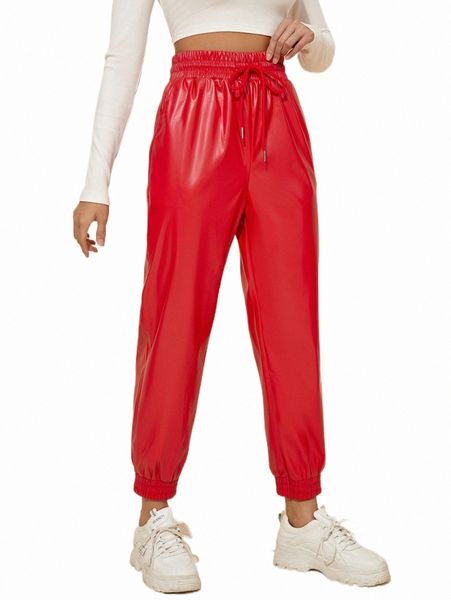 

women's pants & capris drawstring waist pu leather pants b7wu#, Black;white