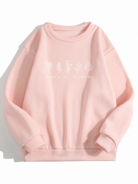 

women's hoodies & sweatshirts slogan & floral print thermal pullover d50p#, Black