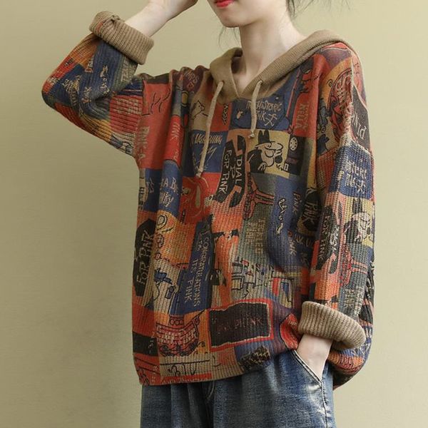 

women s sweaters girls literary retro knitted sweater women loose print cartoon pattern hooded collar long sleeve jumpers coat female spring, White;black