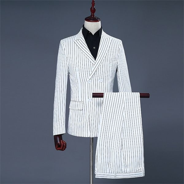 

men's suits blazers men's white and black stripe groom dresses performing suits double breasted smart casual men suit slim fit whi, White;black