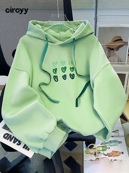 

women s hoodies sweatshirts circyy winter clothes women loose oversized heart embroidery hooded pullovers green drawstring casual 220902, Black