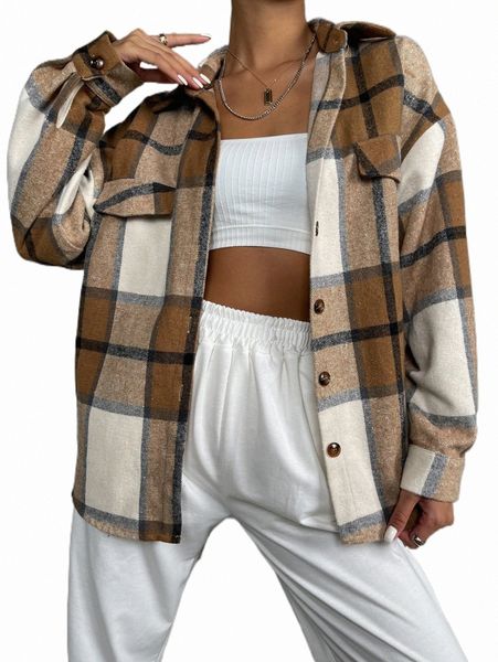 

women's down & parkas plaid print flap detail drop shoulder coat n7rr#, Black