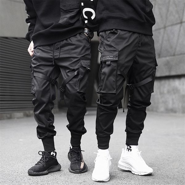 

men's pants men cargo black ribbons block multipocket harem joggers harajuku sweatpant hip hop casual male trousers 220915