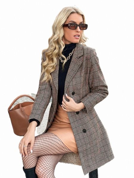 

women's down & parkas plaid lapel neck double breasted overcoat x02u#, Black