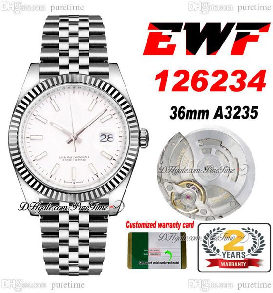 

ewf just 126234 a3235 automatic watch mens ladies 36mm fluted bezel white stick dial jubileesteel bracelet super edition same series card pu, Slivery;brown