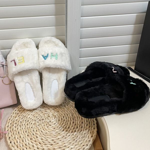 

designer casual fur slipper rubber outsole indoor home slide flat shoes winter furry mule classic black white sandals flip flop loafers