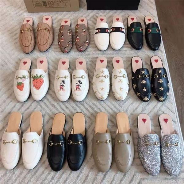 

designer princetown slippers genuine leather mules women loafers metal chain casual shoe lace velvet slipper with box223e, Black