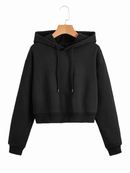 

women's hoodies & sweatshirts solid drawstring crop thermal lined hoodie o14h#, Black
