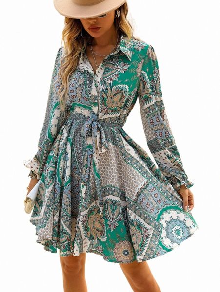 

casual dresses scarf print lantern sleeve belted shirt dress j7gp#, Black;gray