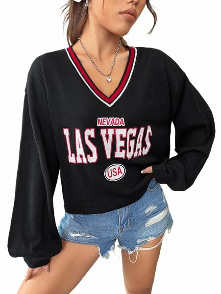 

women's sweaters letter pattern striped trim drop shoulder sweater o78u#, White;black