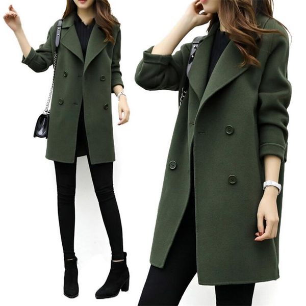 

women's wool blends women blend warm long coat female slim fit lapel en overcoat autumn winter cashmere outerwear plus size 220909, Black