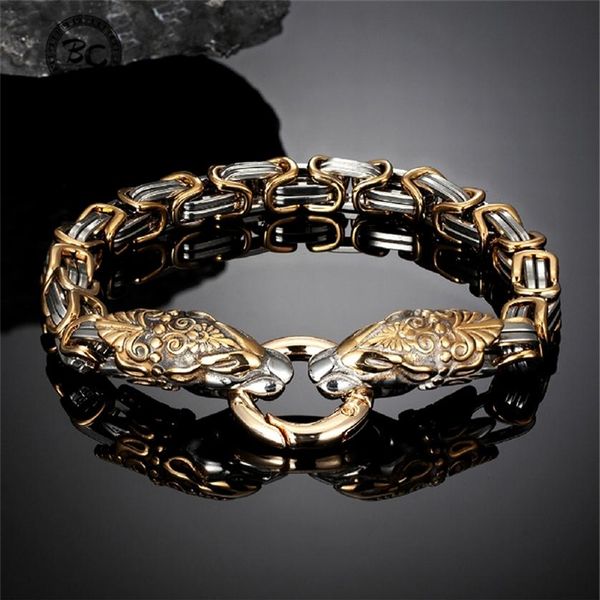 

never fade viking dragon head bracelets men gold stainless steel king chain snake wristband nordic amulet punk male jewelry gift 220222288r, Golden;silver