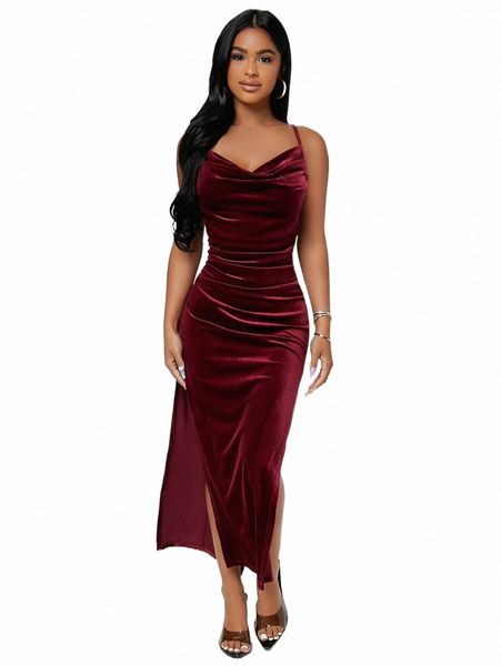 

casual dresses sxy draped collar split thigh velvet cami dress s1om#, Black;gray