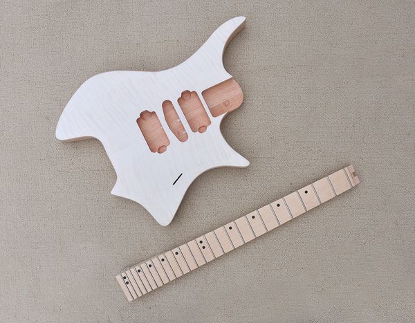 

factory electric semi-finished headless guitar kits diy guitar no paint mahogany body maple neck without hardware flame maple veneer can be