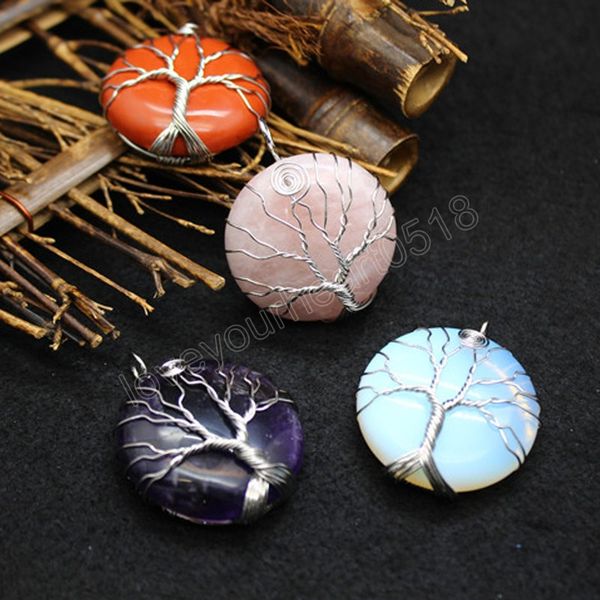 

silver color tree of life pendant for women round wire wrap natural stones quartz crystal pendulum women men healing jewelry