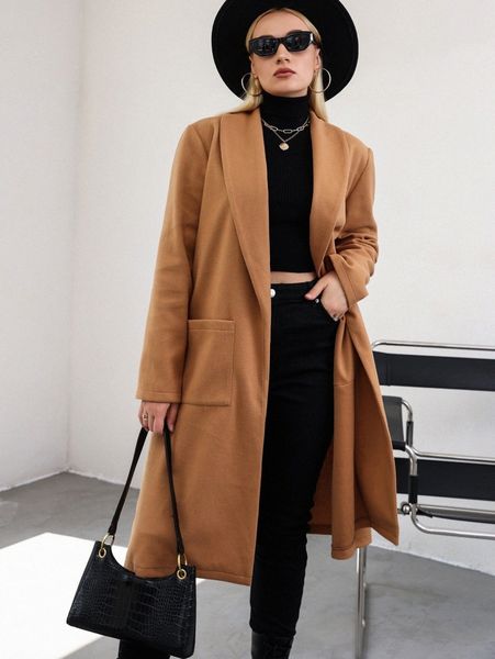 

plus size outerwear & coats plus dual pocket open front overcoat a4di#, Black